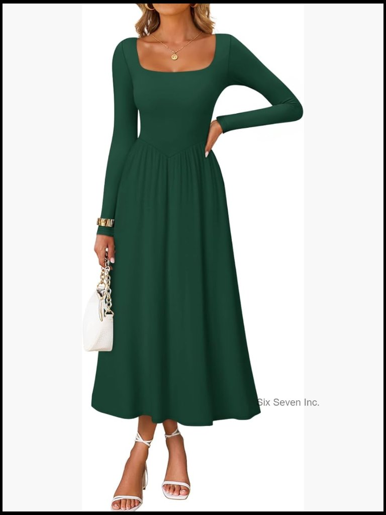 Square Neck Long Sleeve Midi Dress Fit & Flare Slim Fit Casual Party